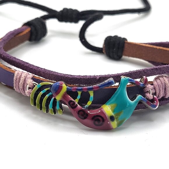 Enamel Kokopelli Fertility Bracelet Leather Draw Cord Adjustable - Picture 5 of 7